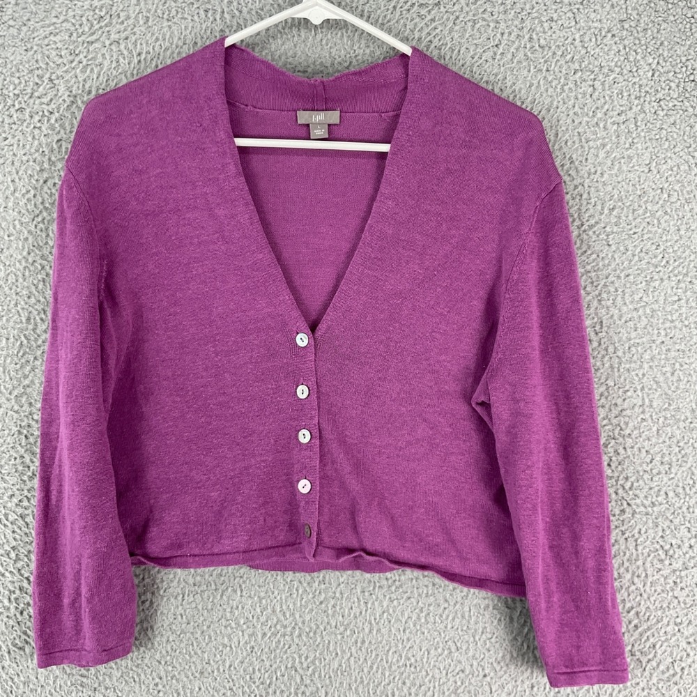 J. Jill Cardigan Women Large Purple Linen Blend V-Neck 3/4 Sleeve Crop Sweater